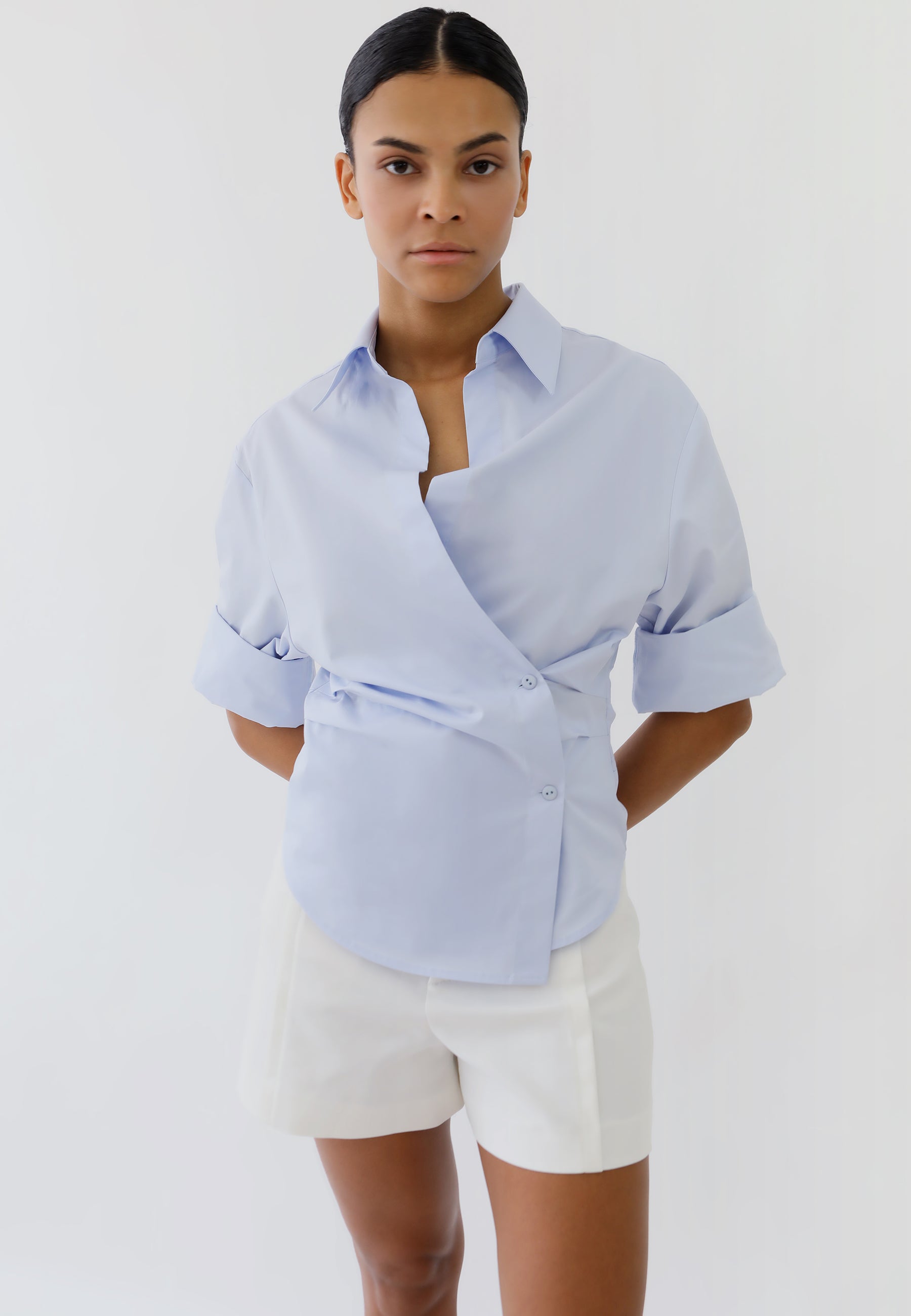 Asymmetric Shirt | Cotton Poplin Blue Shirt | Swiss Design – PRISÉ